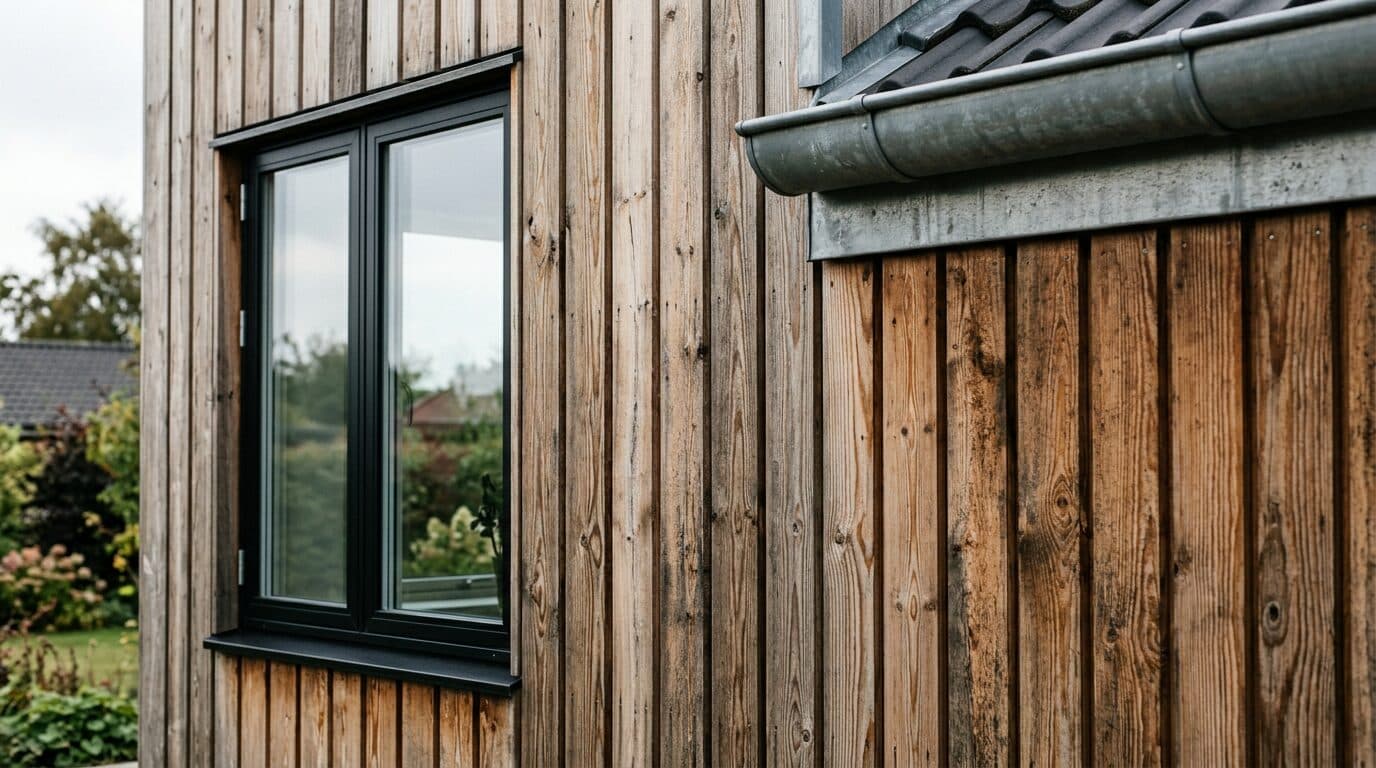 Detalje af lodret træbeklædning med sortmalet vindue på dansk hus