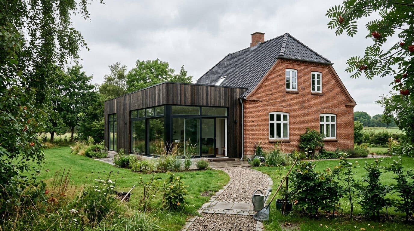 Moderne tilbygning i træ og glas på ældre murstenshus på Sjælland