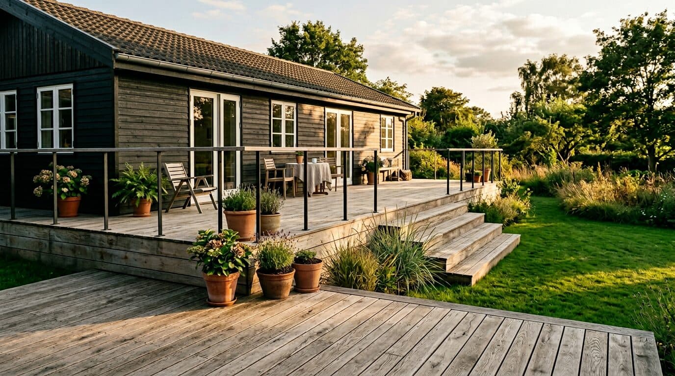 Nylagt træterrasse med trappetrin bag et dansk enfamiliehus