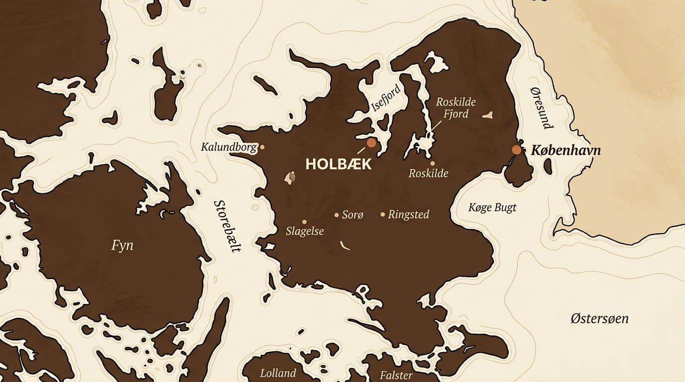 Illustreret kort over Sjælland med Holbæk og omegn fremhævet som vores base