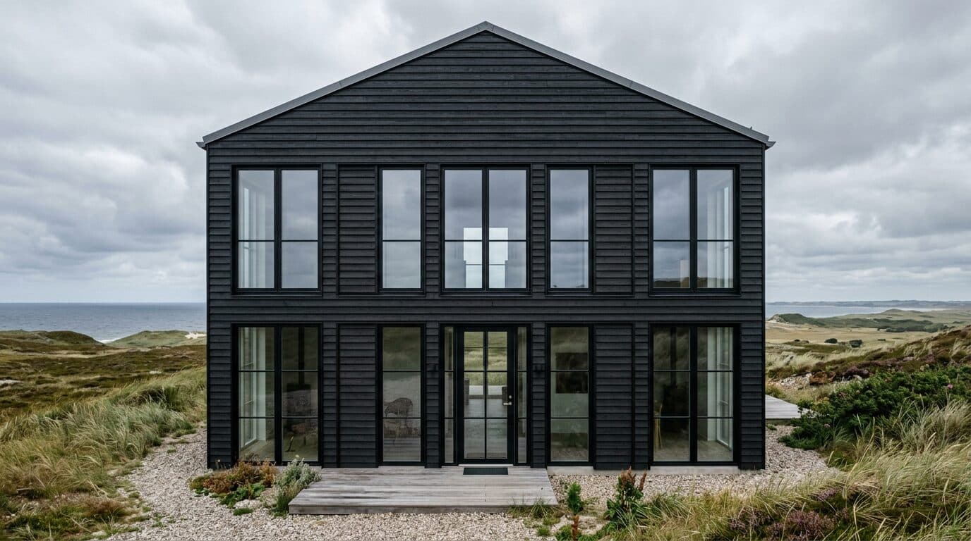 Moderne dansk hus med vandret sortbejdset træbeklædning og sorte vinduer