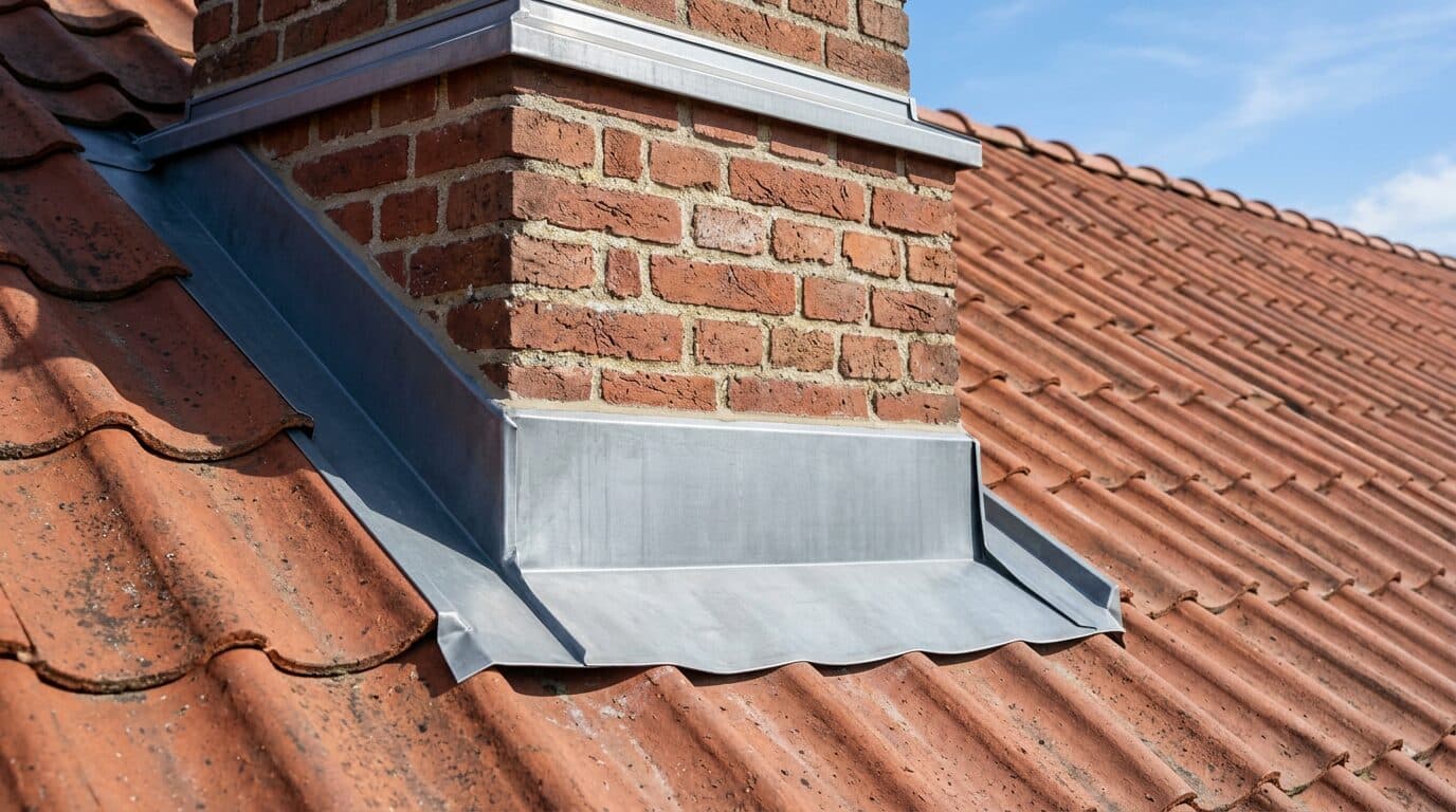 Detalje af præcise zinkinddækninger omkring skorsten på rødt tegltag
