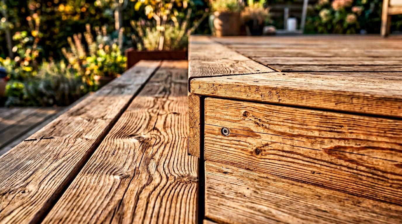 Detalje af lærketræsterrasse hvor bræt møder indbygget trin med skjulte beslag