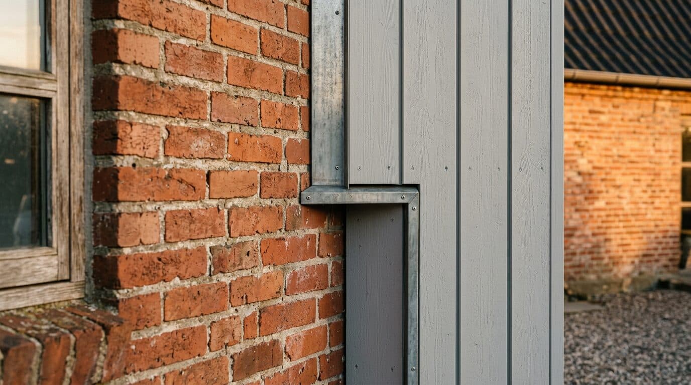 Detalje af overgangen hvor ny tilbygning møder eksisterende murværk med præcis zinkinddækning