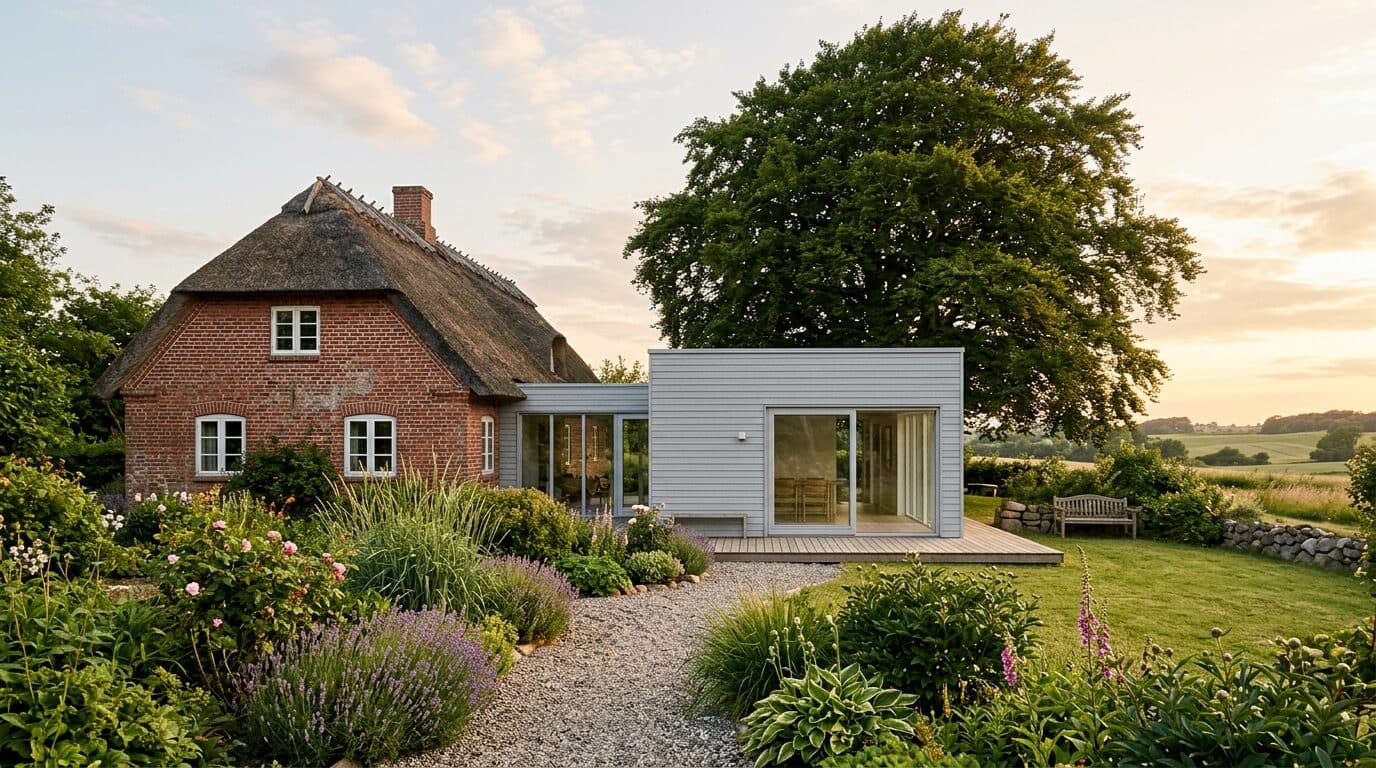 Moderne tilbygning i gråmalet træ på ældre dansk murstenshus med stråtag