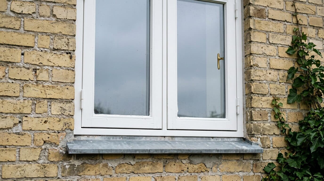 Nyt hvidt trævindue monteret i gul dansk murstensfacade med præcis zinksålbænk