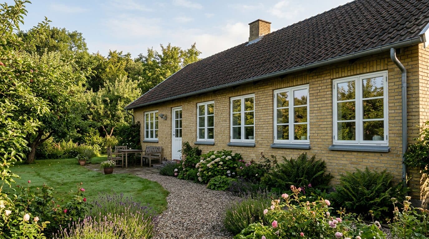 Nye hvidmalede trævinduer monteret i gul dansk murstensbungalow set fra haven
